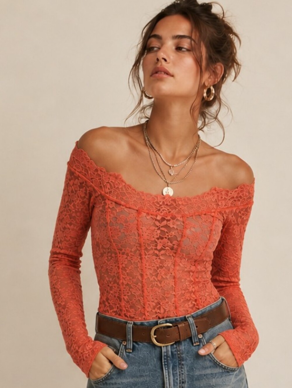 Intimately Free People Coral Peach Lace Off Shoulder Top Medium EUC